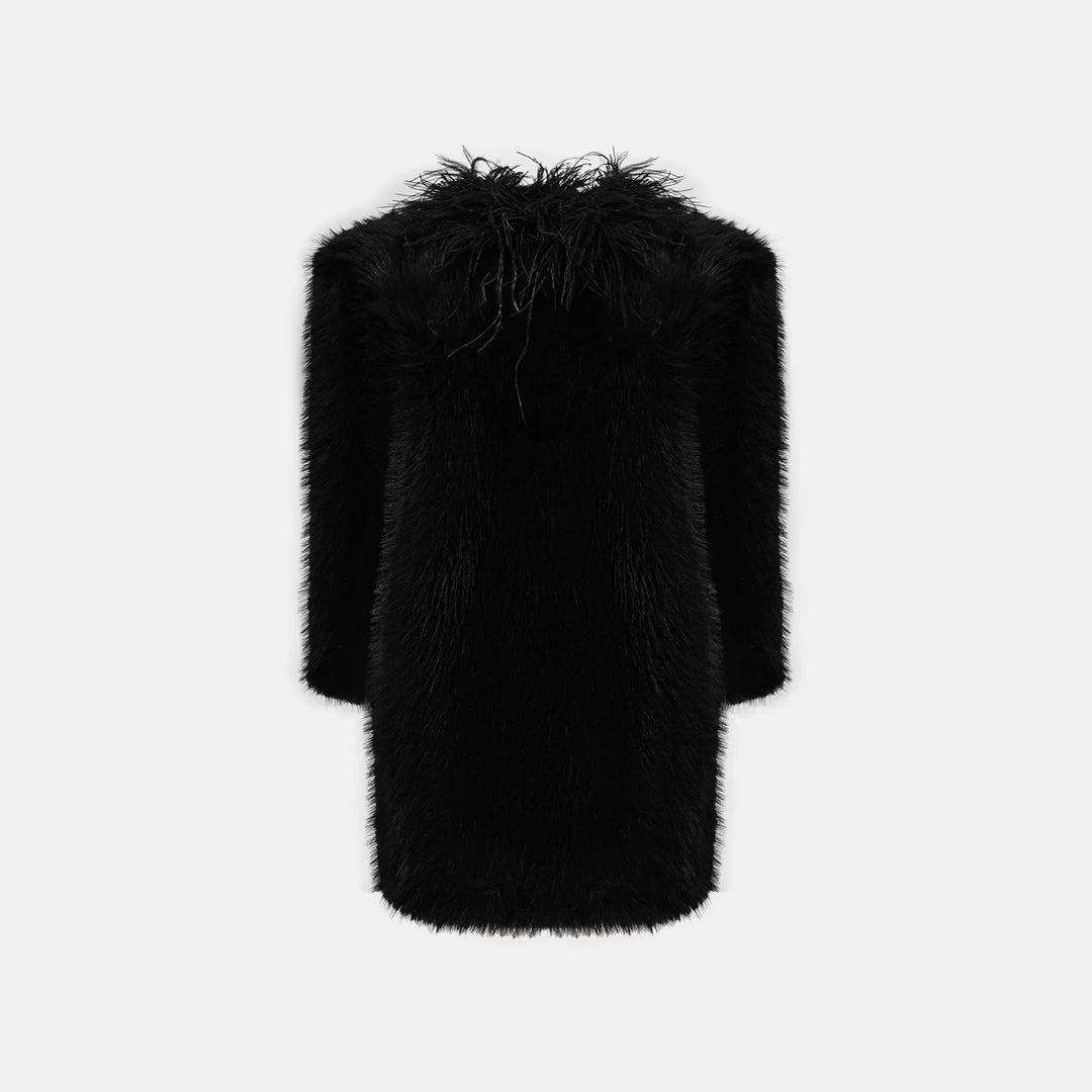 Faux fur mini dress with ostrich feather trim