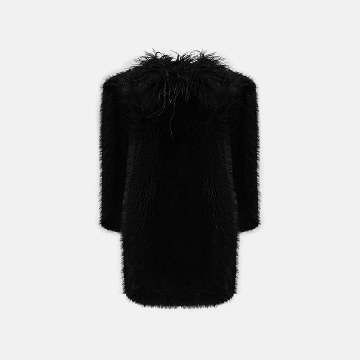Faux fur mini dress with ostrich feather trim