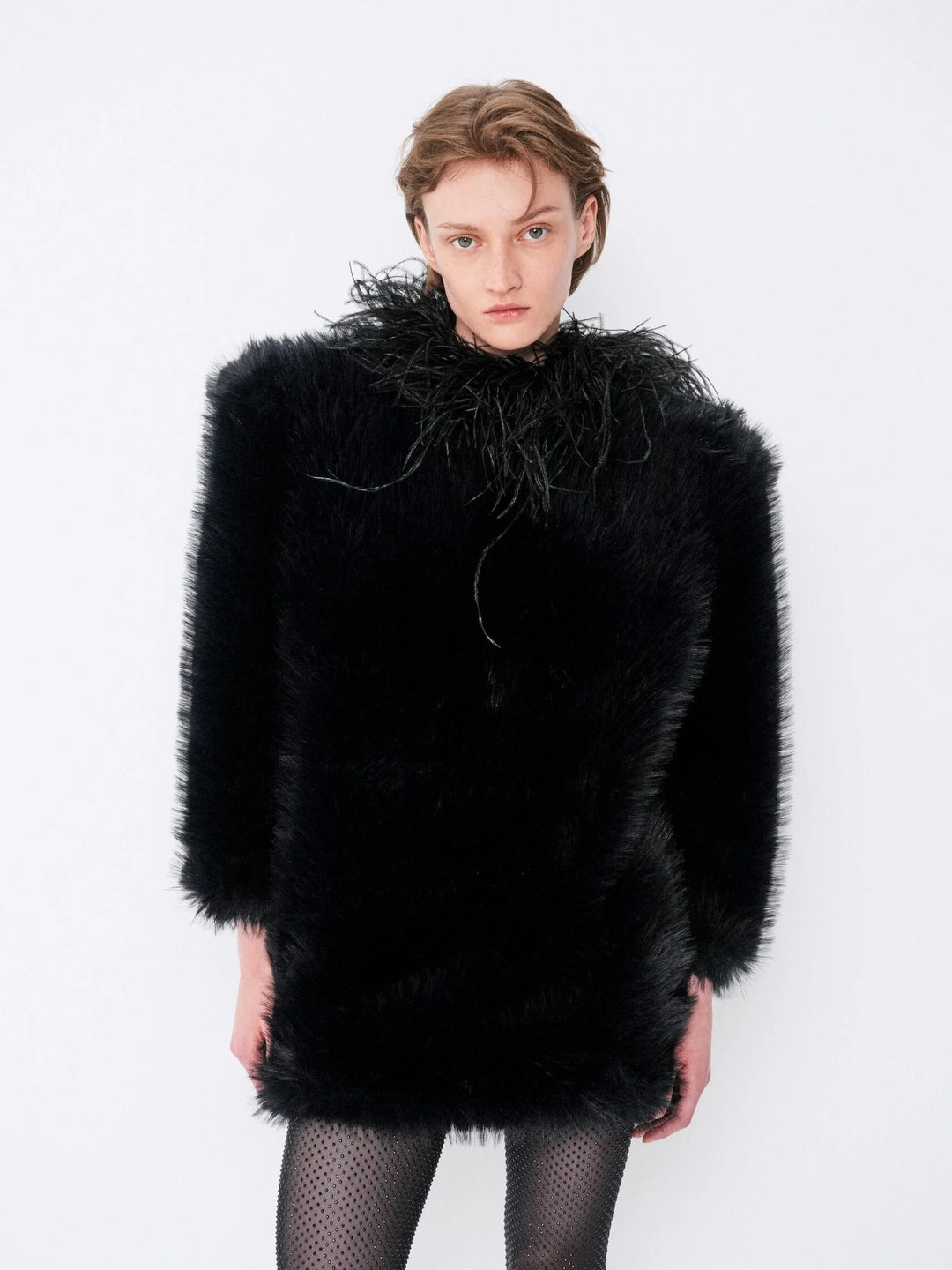 Faux fur mini dress with ostrich feather trim