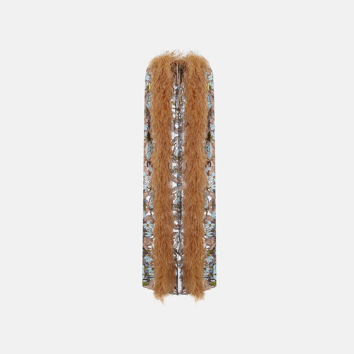 Sequin-embellished cape with ostrich feather trim