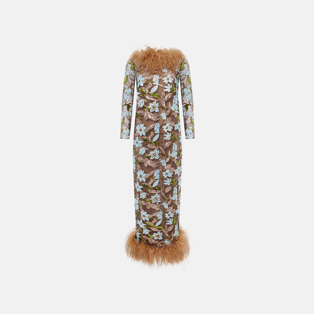 Sequin-embellished maxi dress with ostrich feather trim