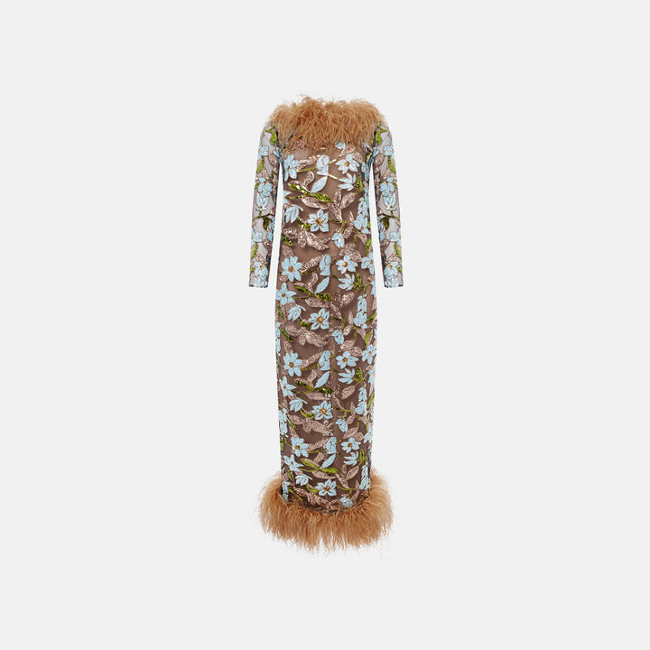 Sequin-embellished maxi dress with ostrich feather trim