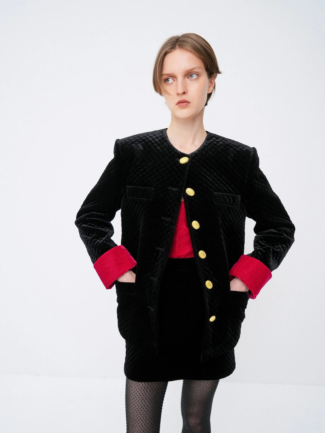 Quilted velvet jacket with contrasting cuffs
