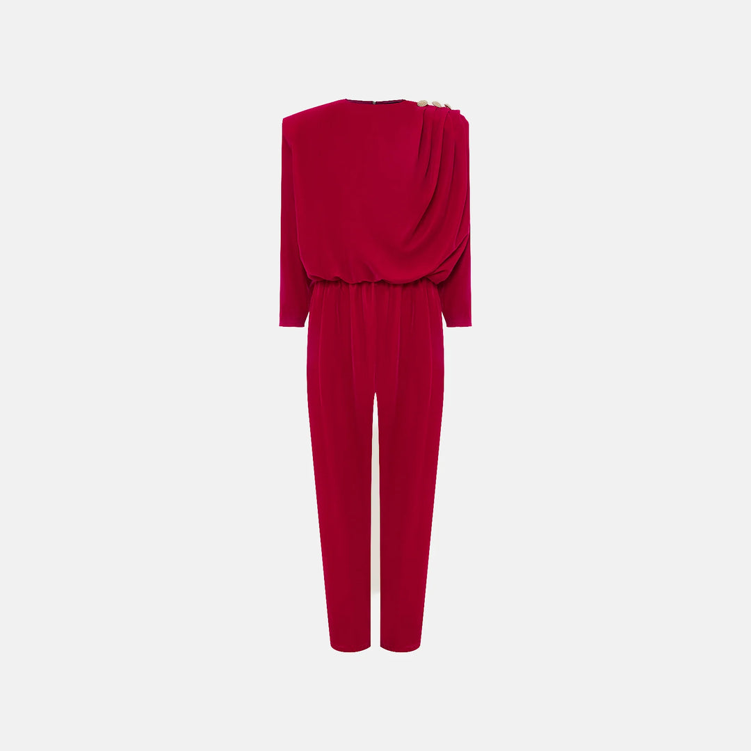 Velvet jumpsuit with shoulder draping