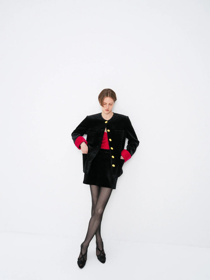 Quilted velvet jacket with contrasting cuffs