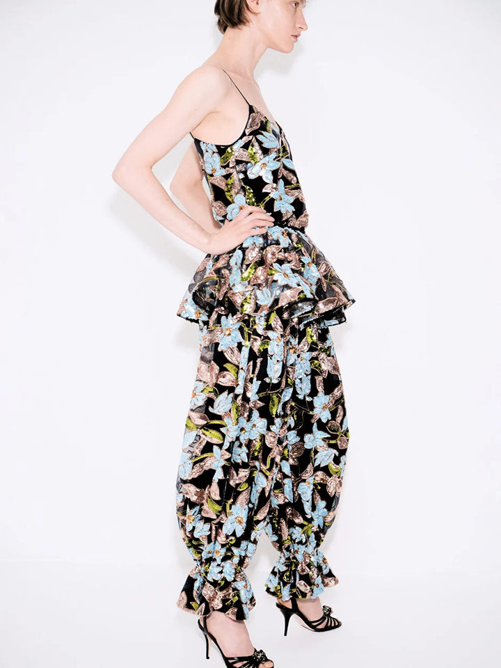 Sequin-embellished trousers with a peplum