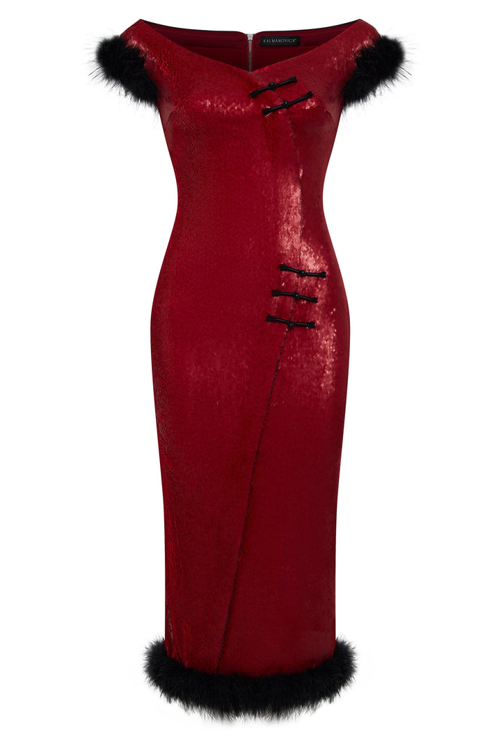 Sequin midi dress with marabou feather trim