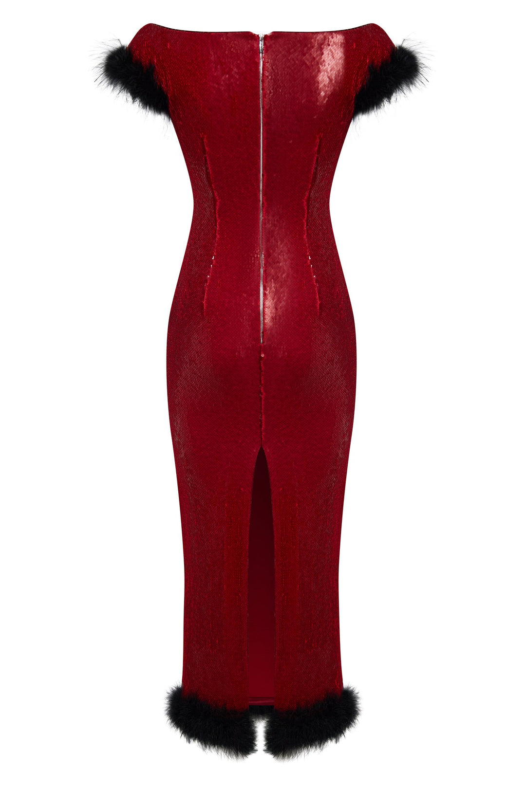 Sequin midi dress with marabou feather trim