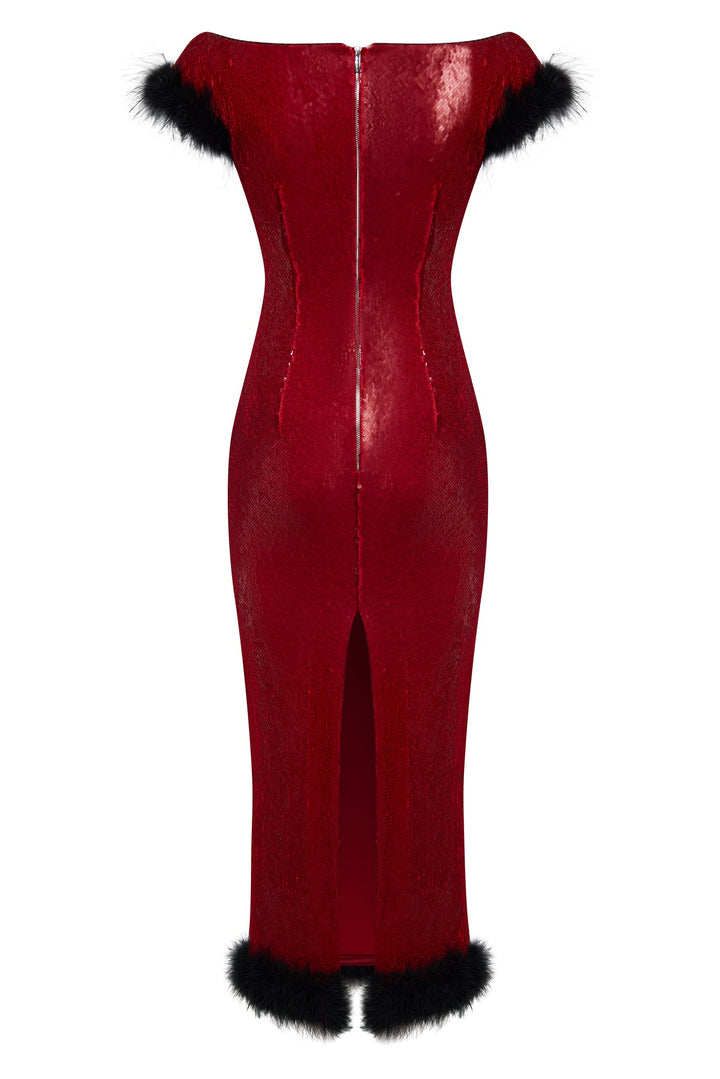 Sequin midi dress with marabou feather trim
