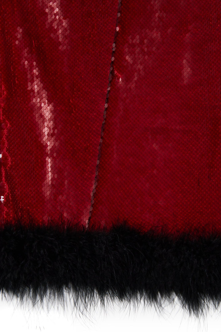 Sequin midi dress with marabou feather trim