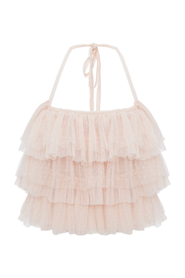 Soft pleated polka dot mesh ruffle top