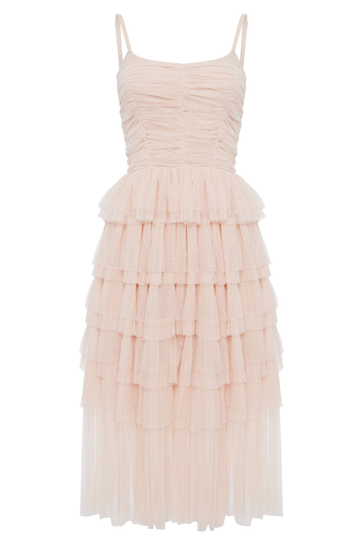 Soft pleated polka dot mesh ruffle dress