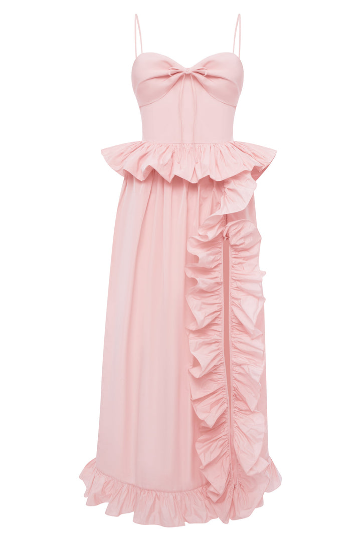 Taffeta slip dress with a ruffled slit