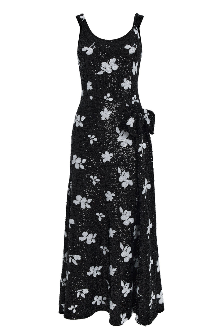 Sequinned dress with a waist bow