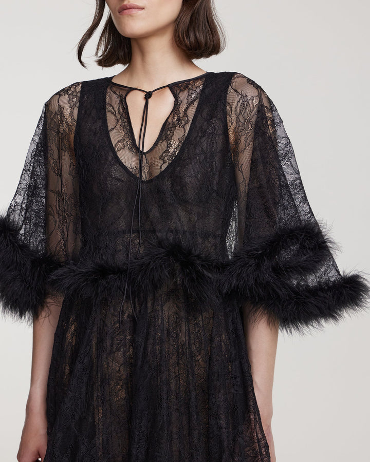 Lace dress with marabou feather trim