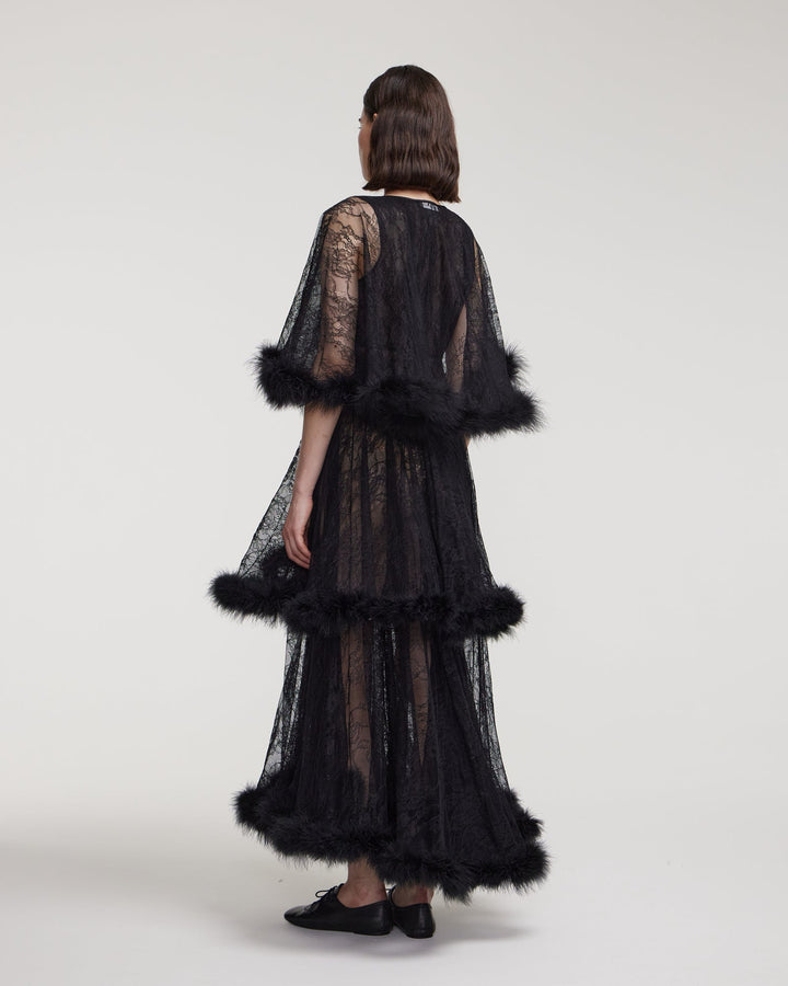 Lace dress with marabou feather trim