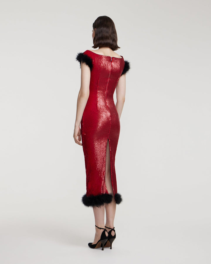 Sequin midi dress with marabou feather trim