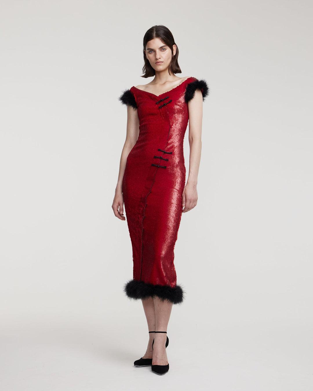 Sequin midi dress with marabou feather trim