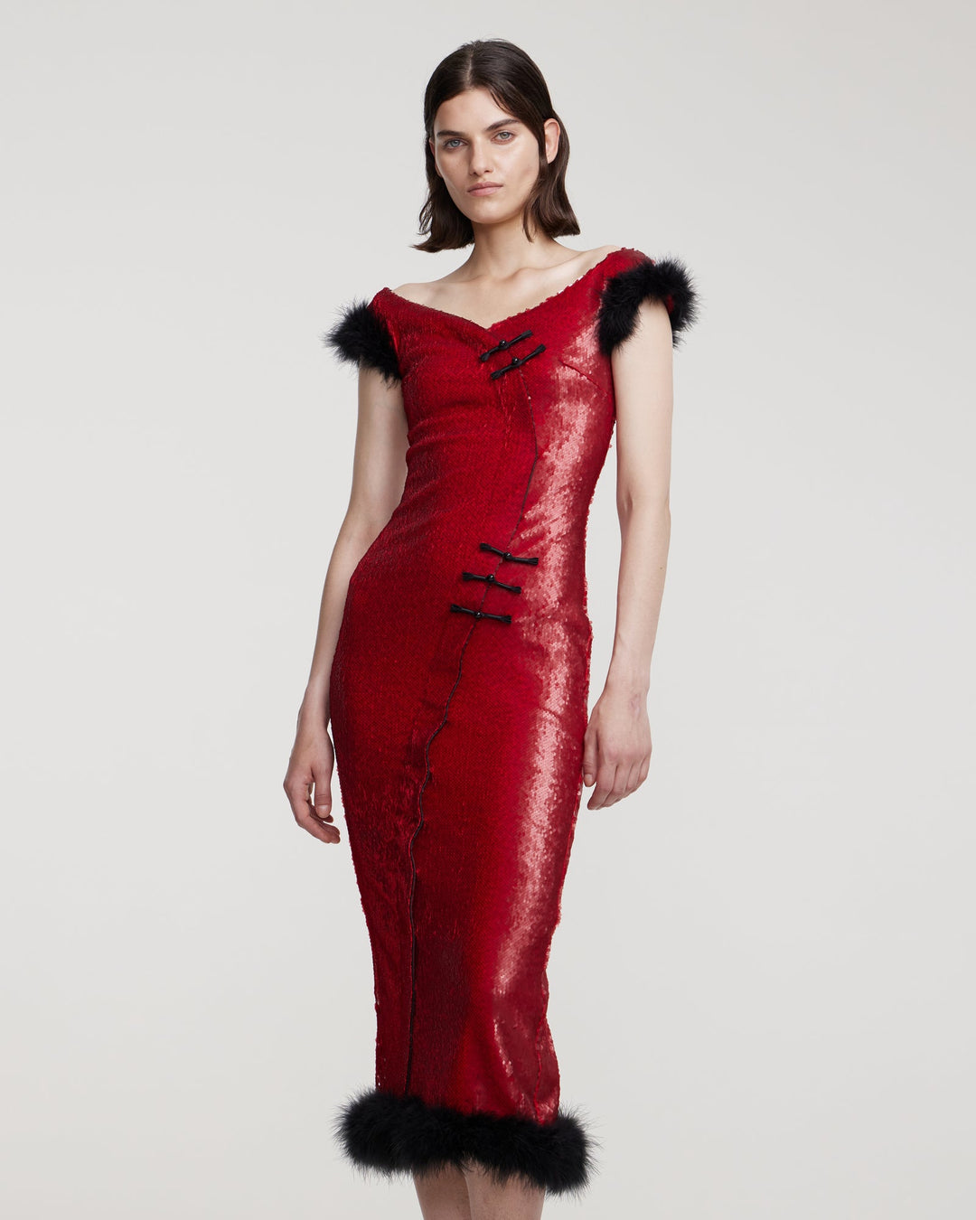Sequin midi dress with marabou feather trim