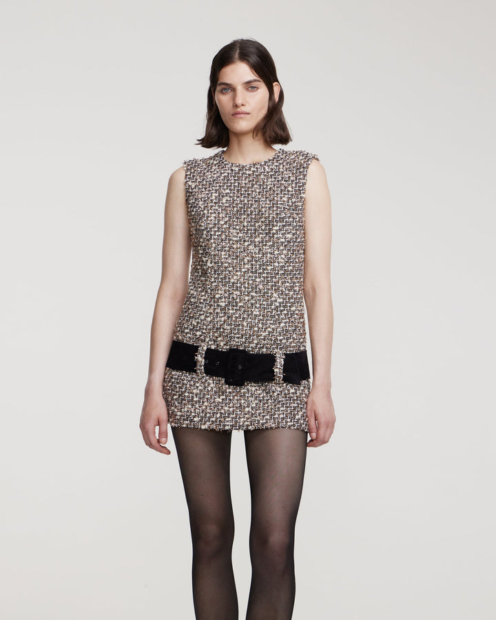 Sleeveless tweed mini dress with suede belt