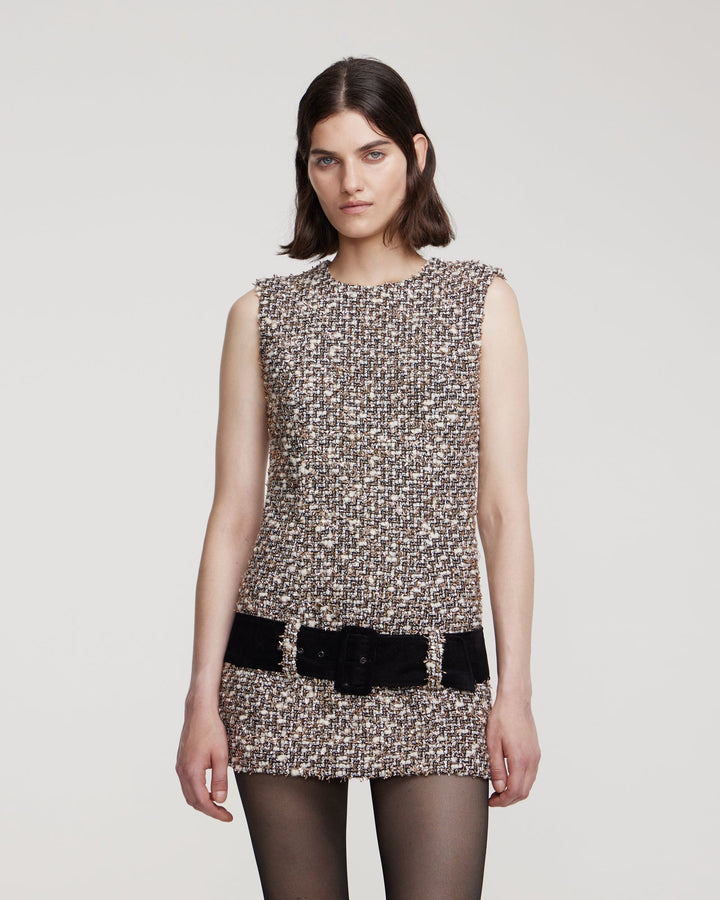 Sleeveless tweed mini dress with suede belt