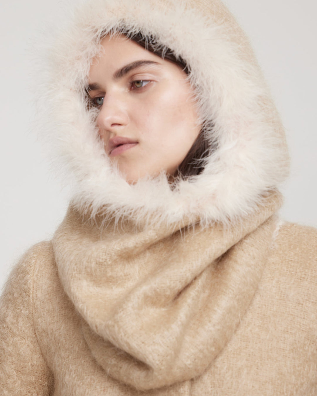 Mohair hood with marabou feather trim