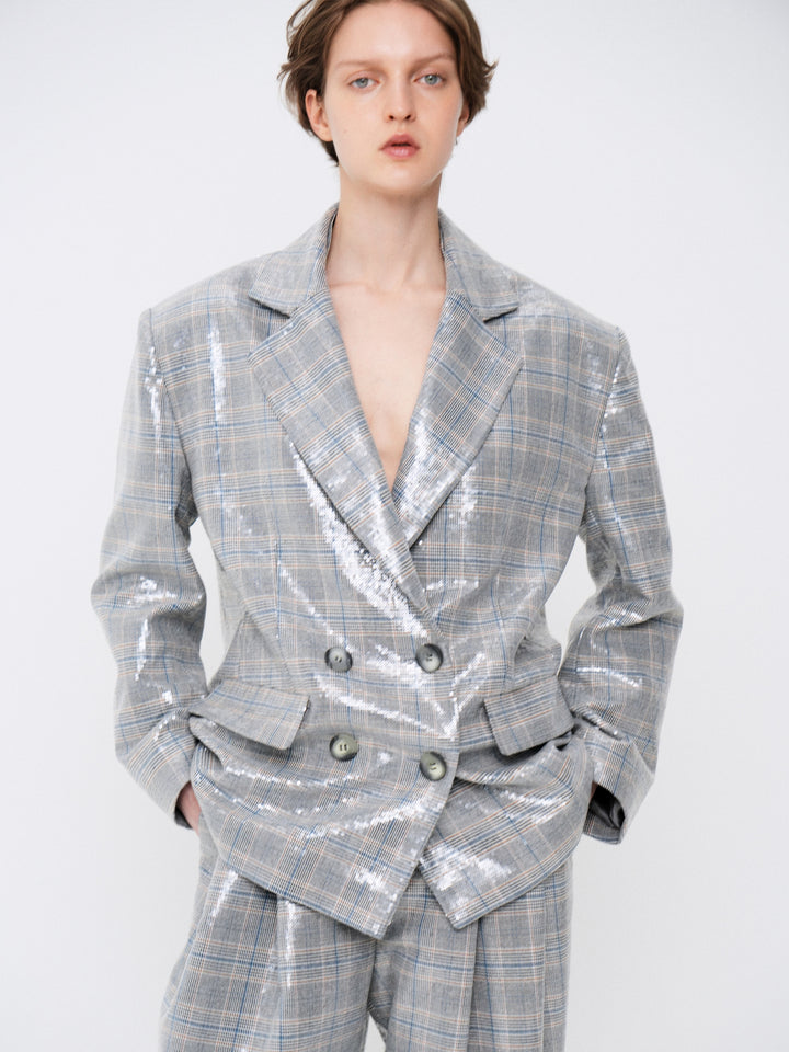Suiting-fabric jacket embellished with transparent sequins