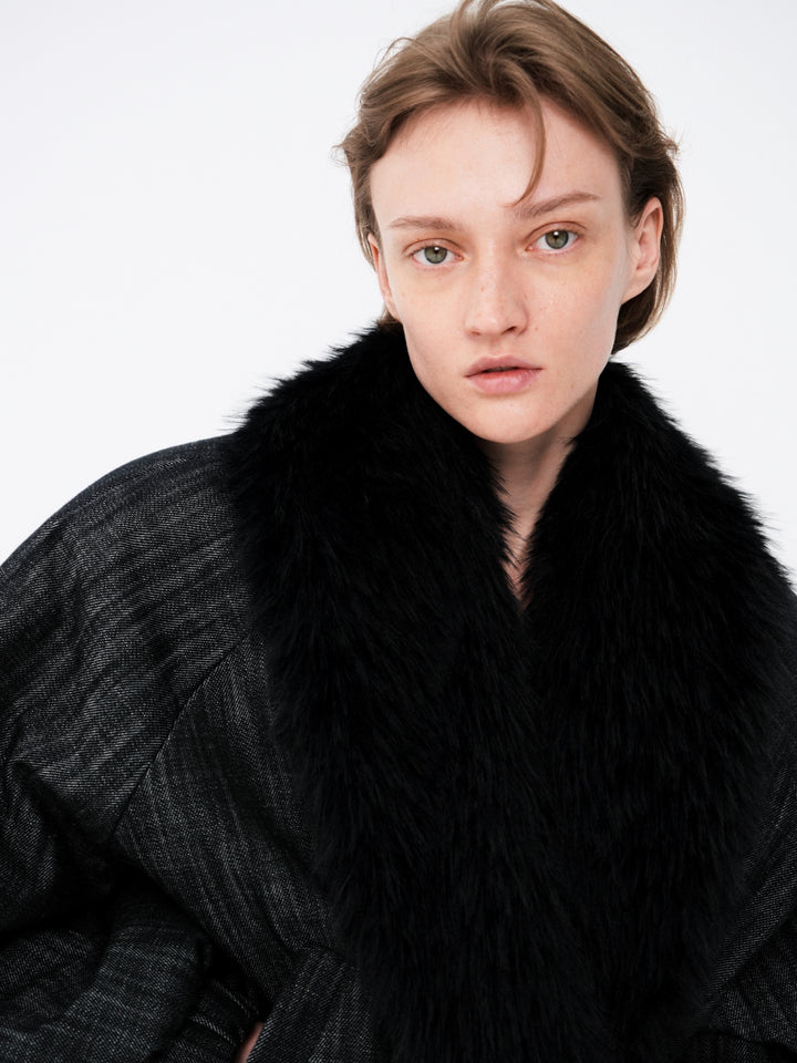 Denim jacket with a faux fur collar