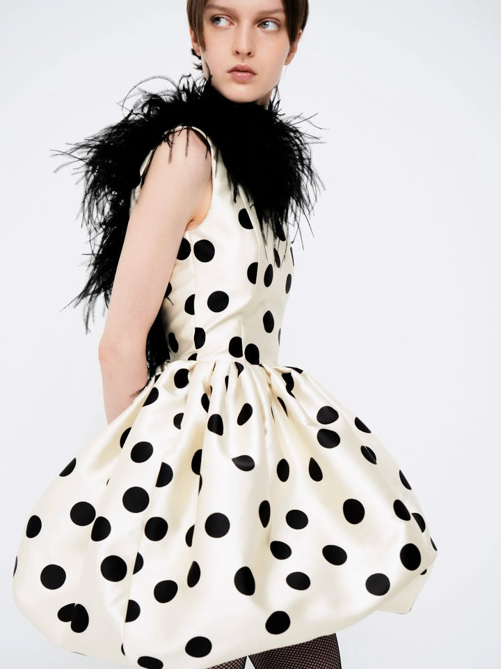 Polka-dot mini dress with ostrich feather trim
