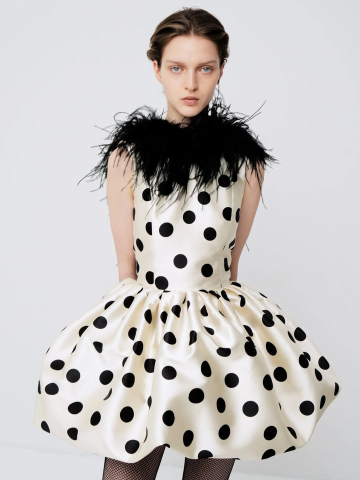 Polka-dot mini dress with ostrich feather trim