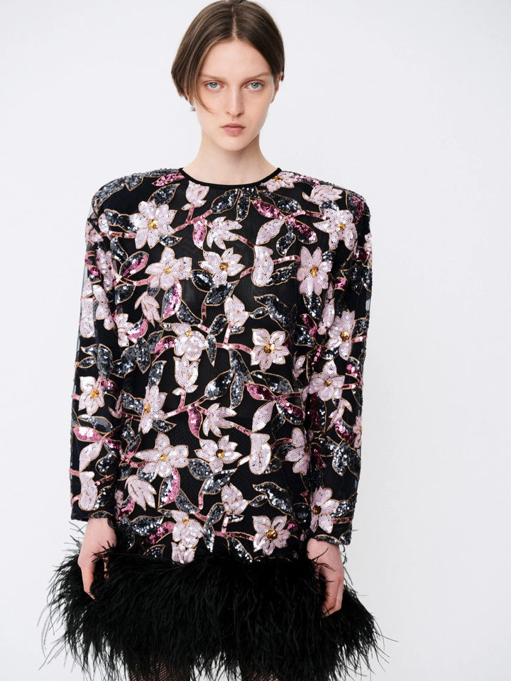 Sequin-embellished mini dress with ostrich feather trim