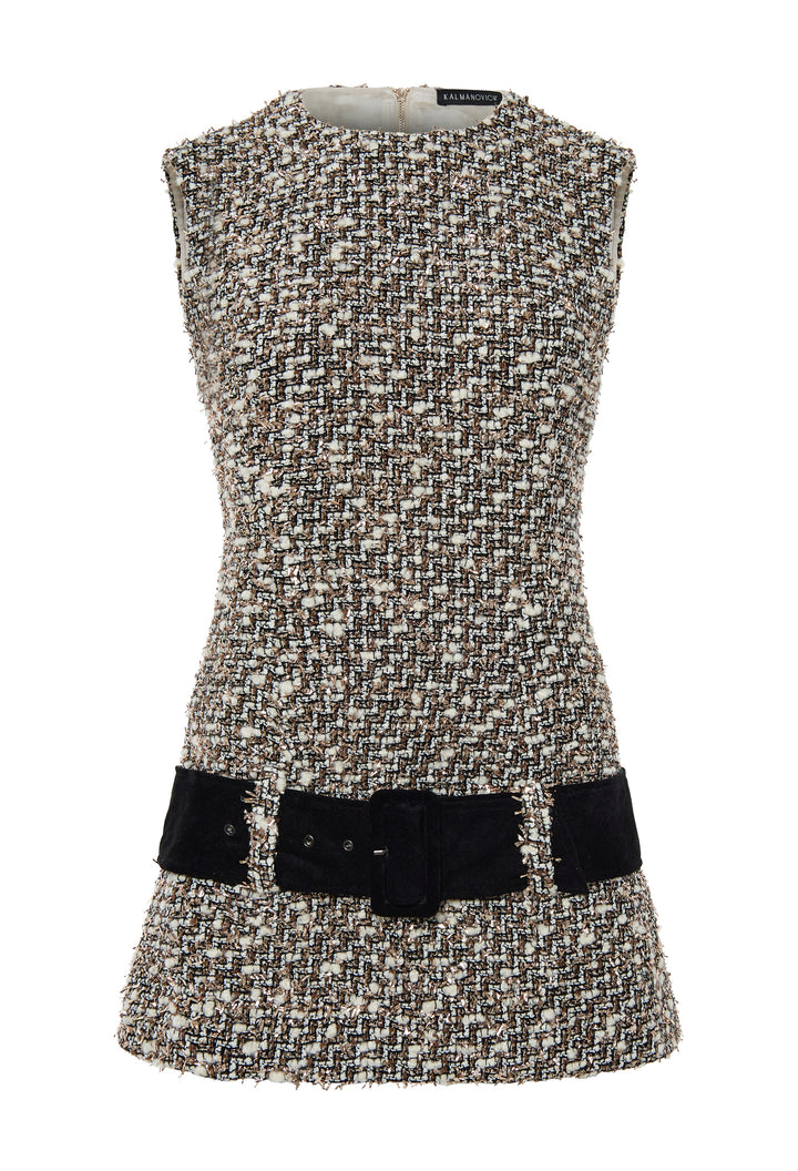 Sleeveless tweed mini dress with suede belt