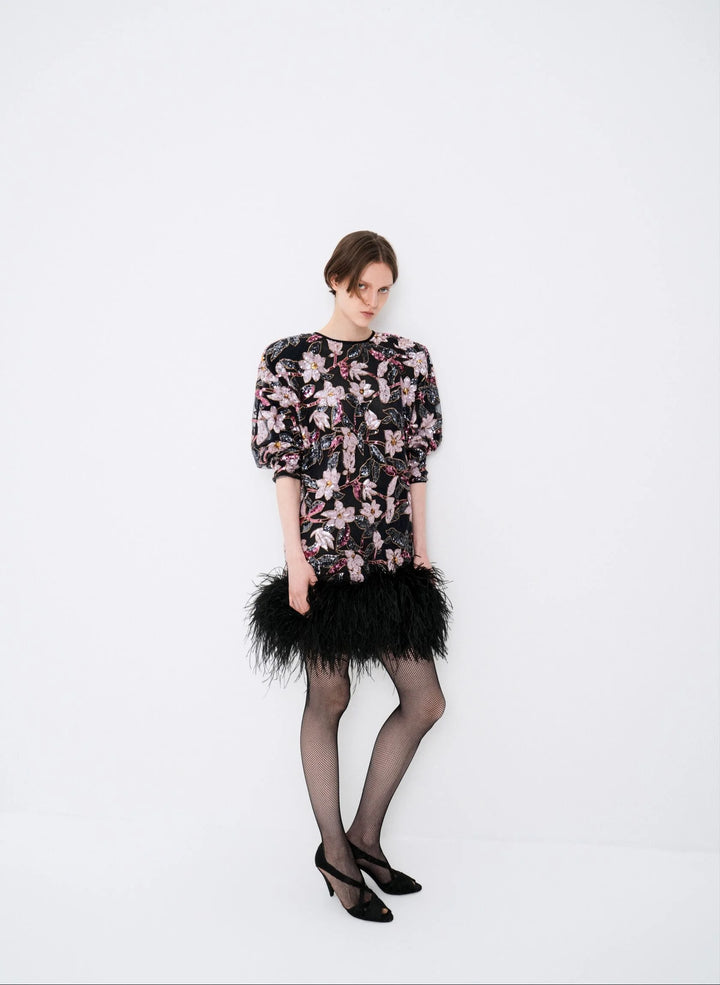 Sequin-embellished mini dress with ostrich feather trim