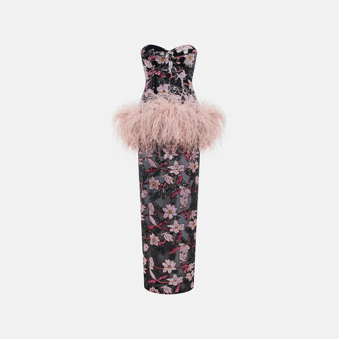 Sequin-embellished bustier dress with an ostrich feather peplum