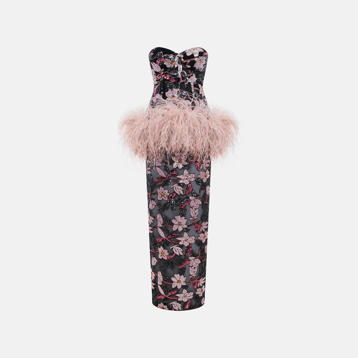 Sequin-embellished bustier dress with an ostrich feather peplum