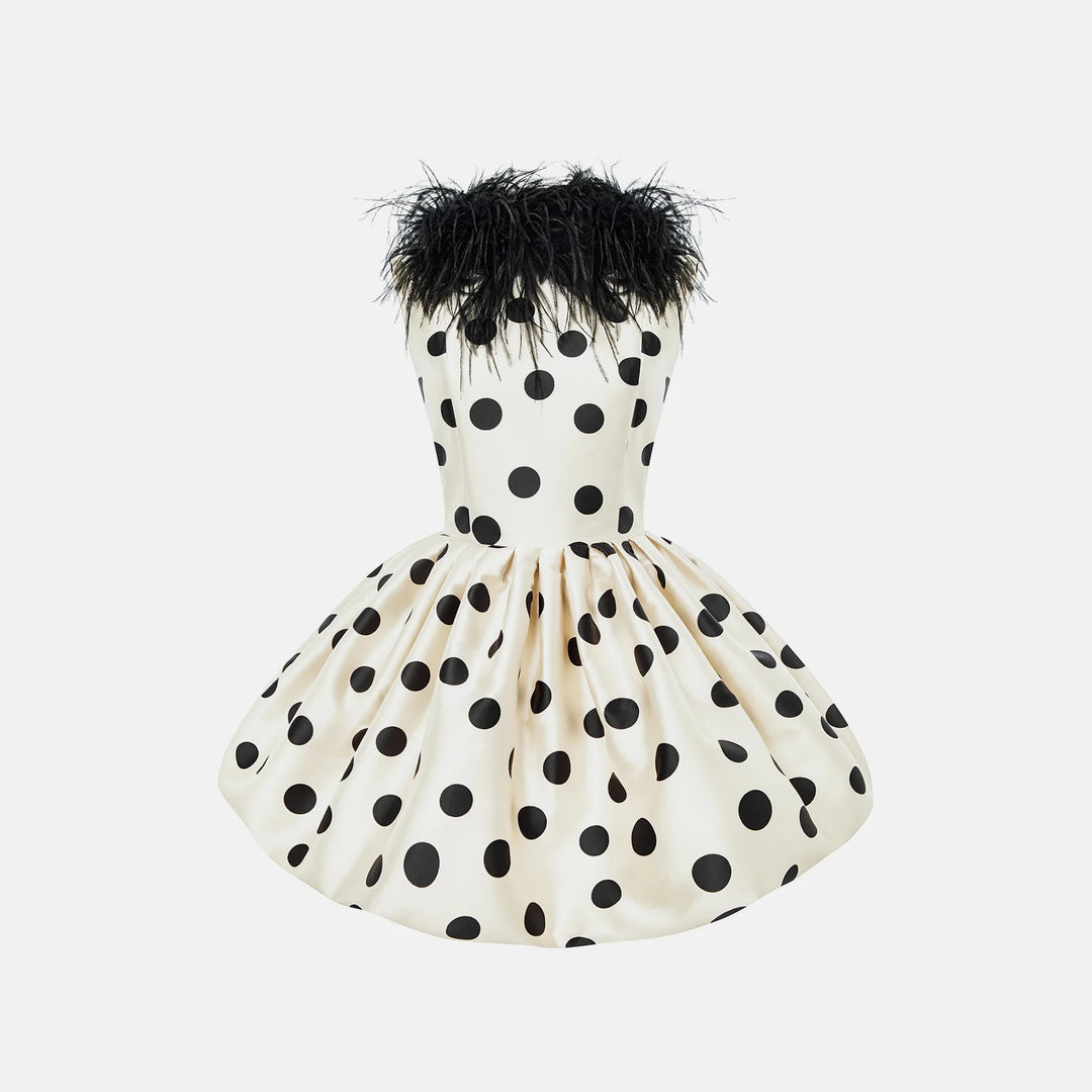 Polka-dot mini dress with ostrich feather trim
