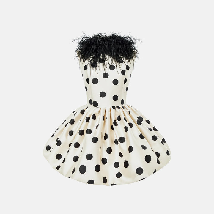 Polka-dot mini dress with ostrich feather trim