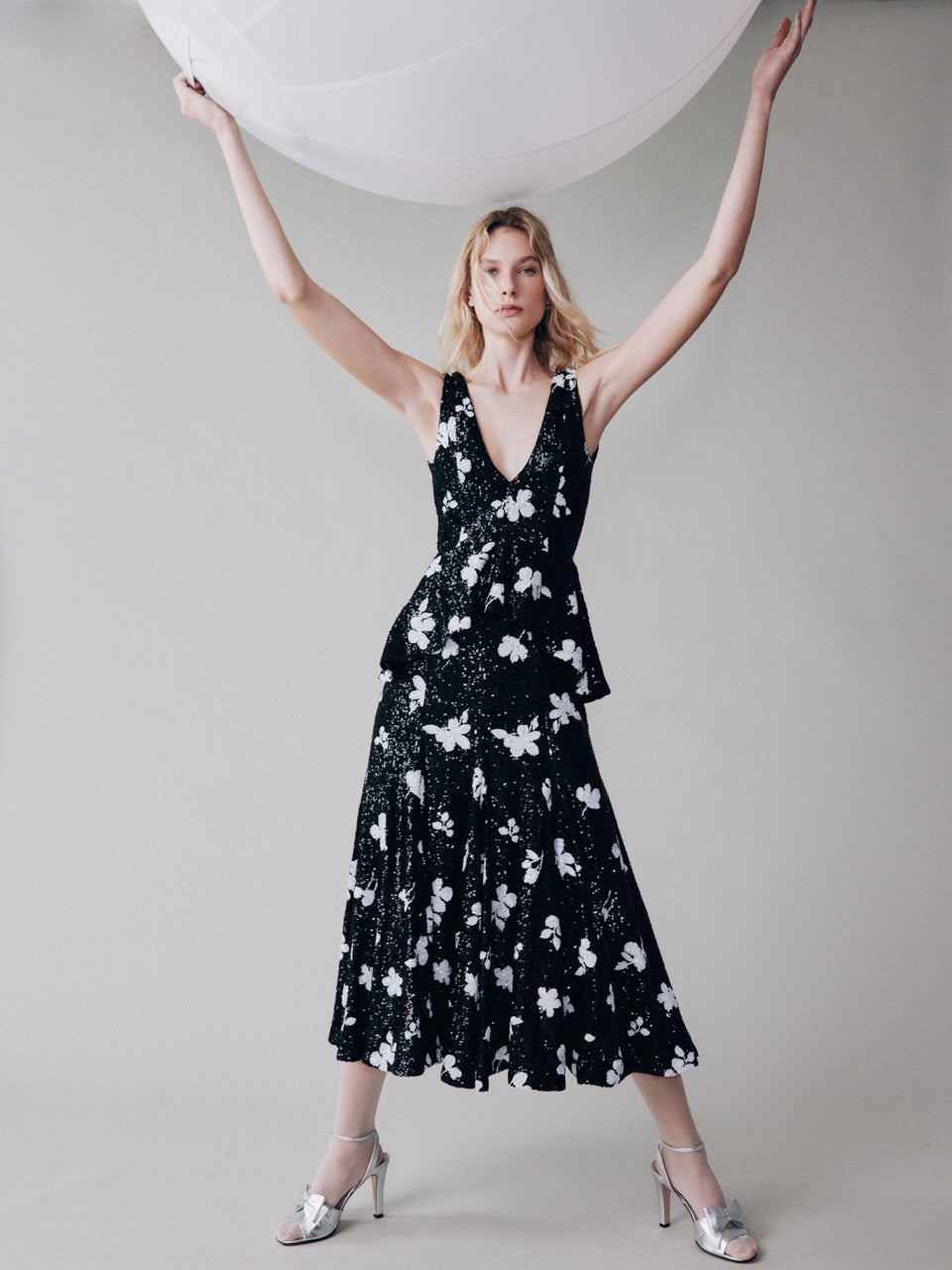 Ruffled-waist sequinned dress