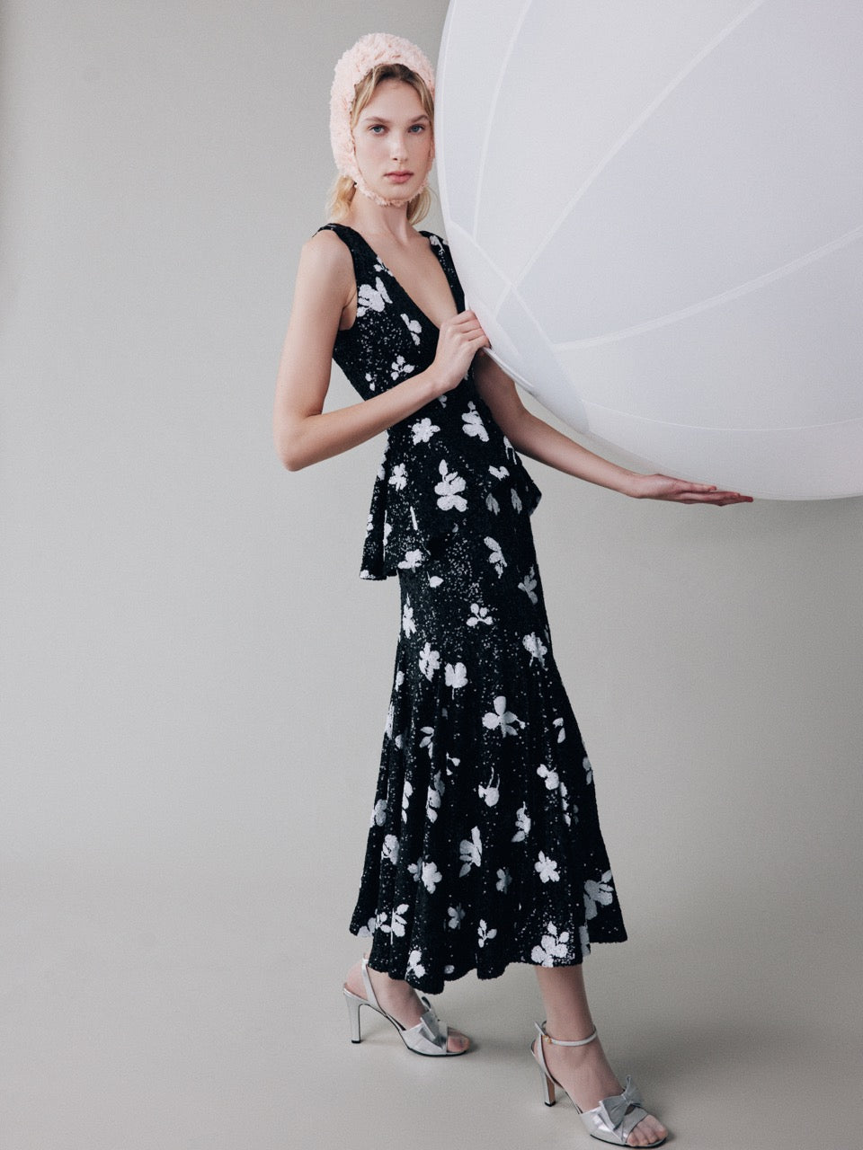 Ruffled-waist sequinned dress