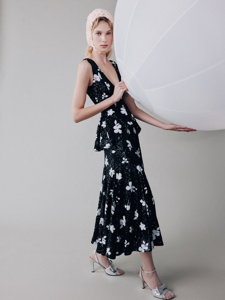 Ruffled-waist sequinned dress