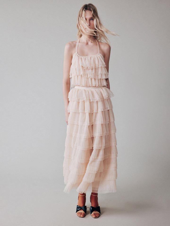 Soft pleated polka dot mesh ruffle top