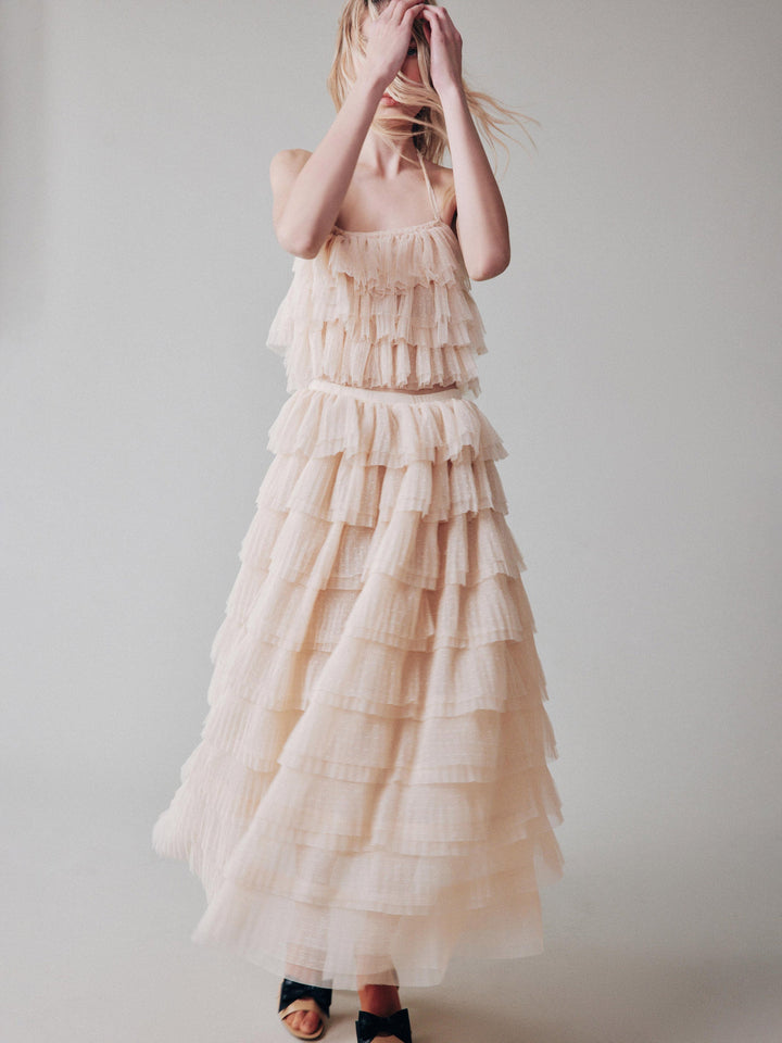 Soft pleated polka dot mesh ruffle skirt