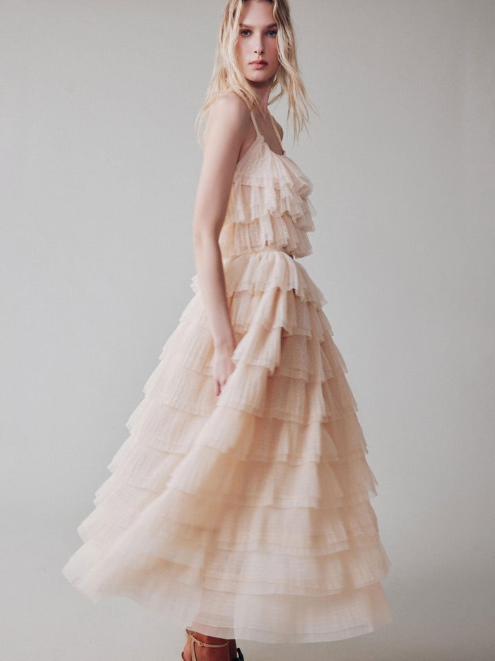 Soft pleated polka dot mesh ruffle skirt