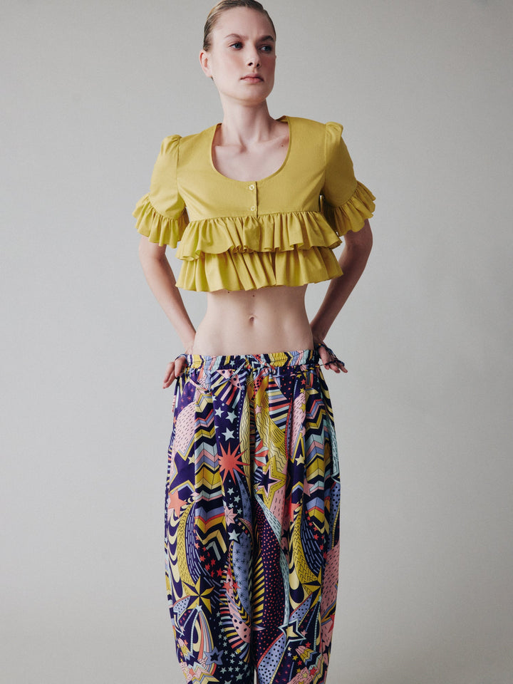 Ruffled short-sleeve crop top made of Liberty cotton