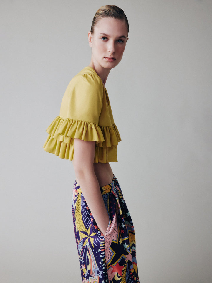 Ruffled short-sleeve crop top made of Liberty cotton