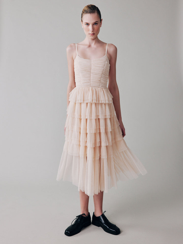 Soft pleated polka dot mesh ruffle dress