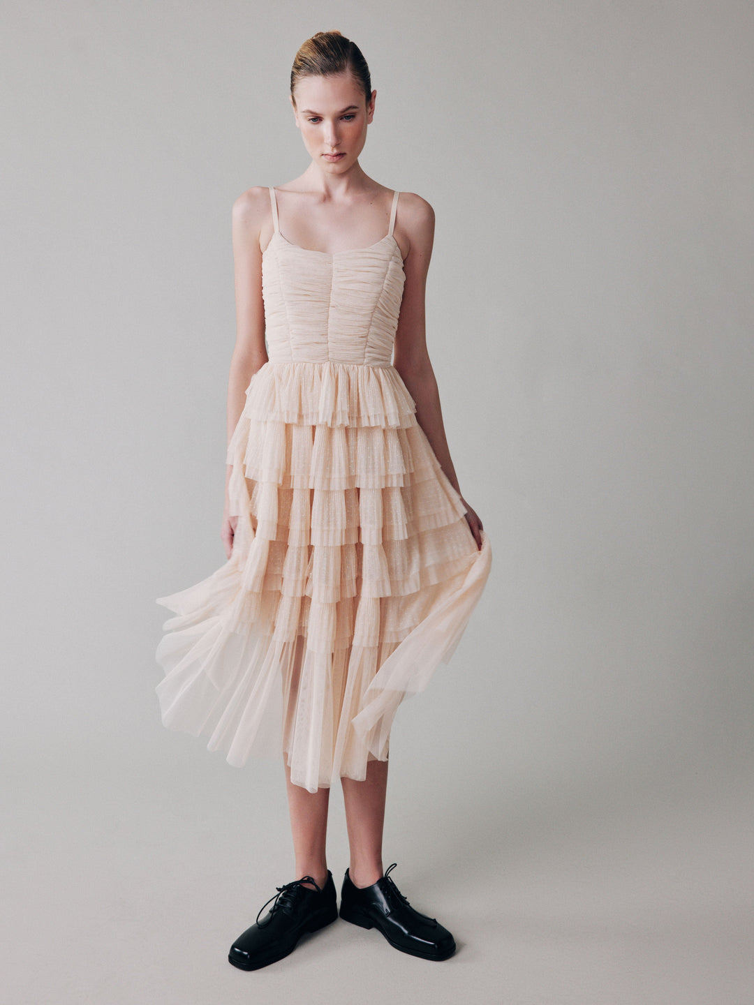 Soft pleated polka dot mesh ruffle dress