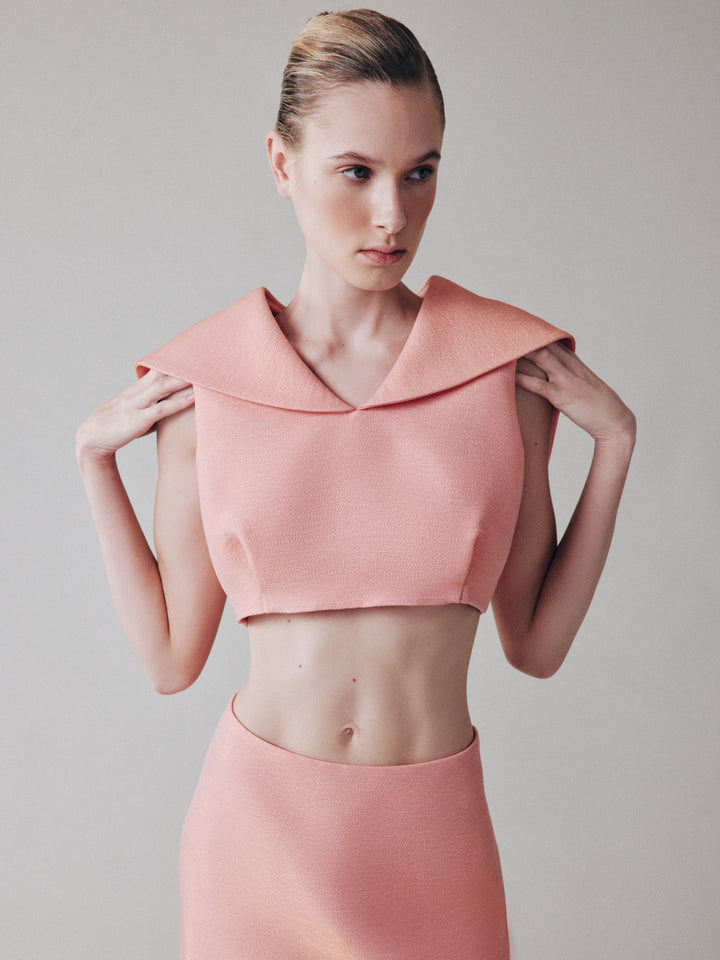 Metallic-thread crop top with fold-down collar