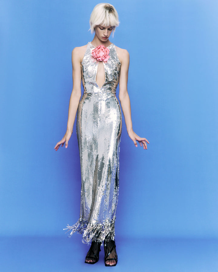 Sequin gown with a decorative flower