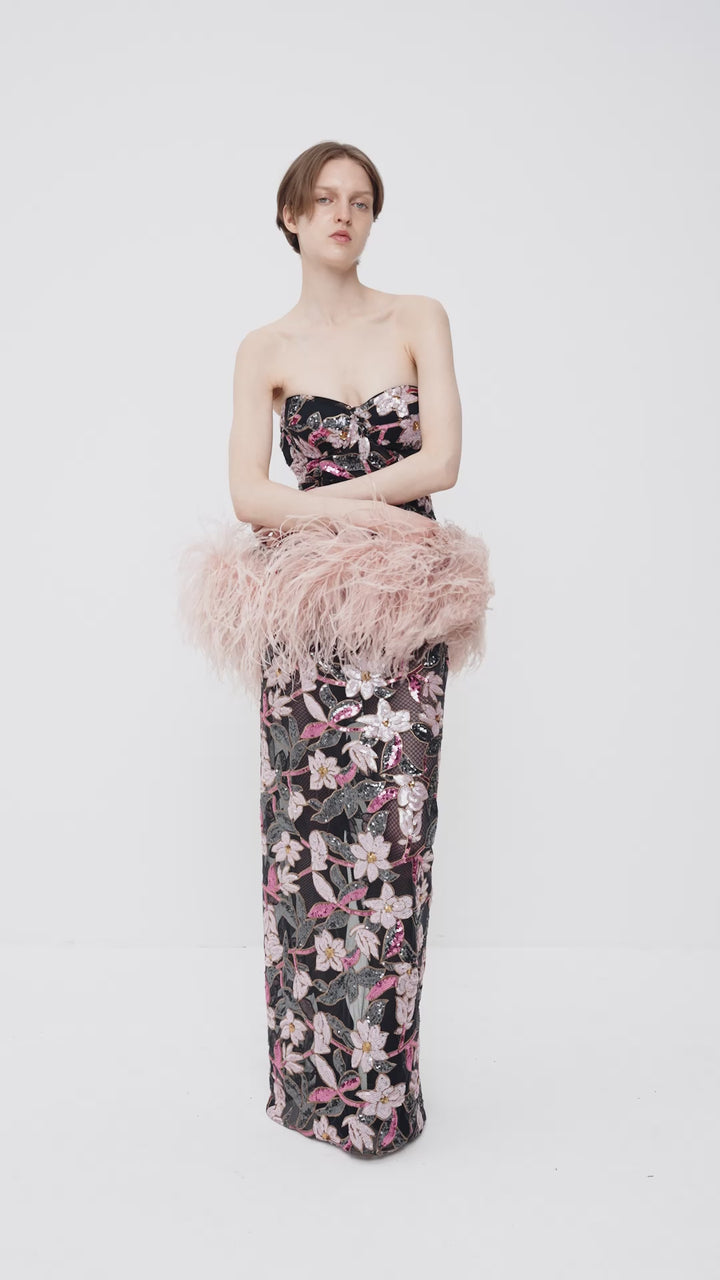 Sequin-embellished bustier dress with an ostrich feather peplum